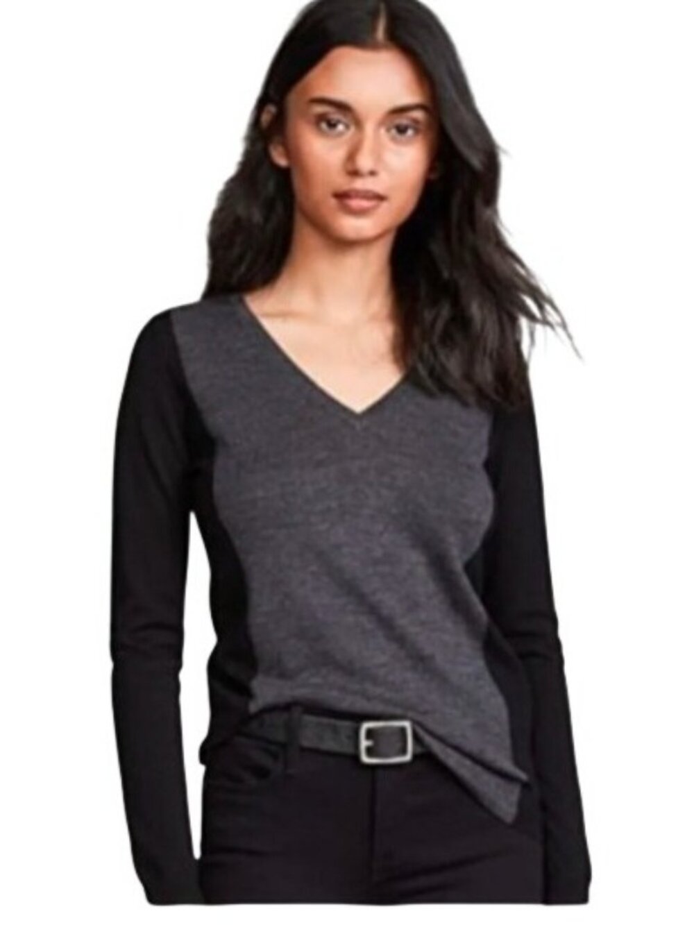Club Monaco Sweater Women's XS Black Gray 100% Merino Wool V-Neck Long Sleeve